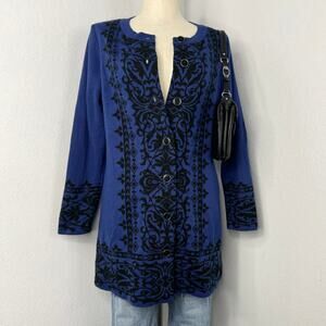 Susan Graver Women's Blue Black Button Front Design Cardigan Sweater Size Small
